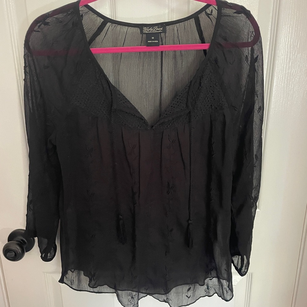 Lucky Brand Black Sheer Embroidered V- Neck Blouse